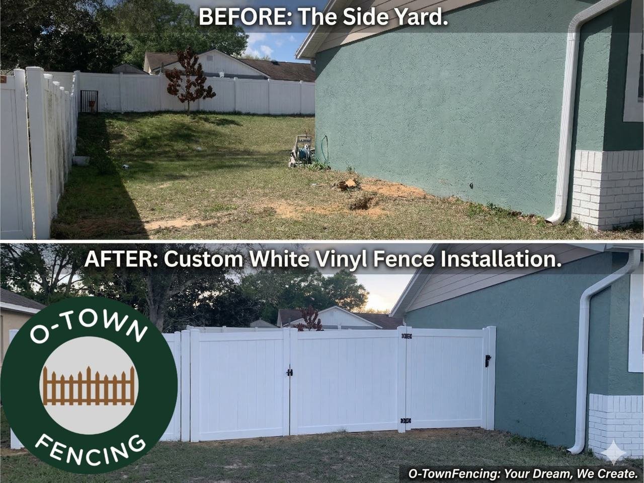 Before and after custom white vinyl fence installation